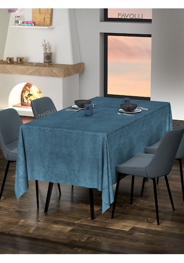 Kadife Dokulu Derin Mavi Rengi Masa Örtüsü Derin Mavi