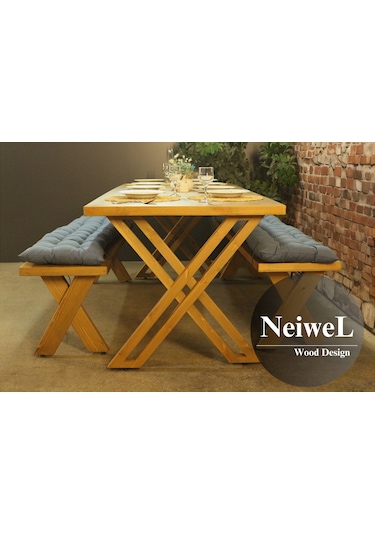Neiwel Ken Doğal Ahşap Banklı Yemek Masası Takımı-120-300 Takım Açık Ceviz