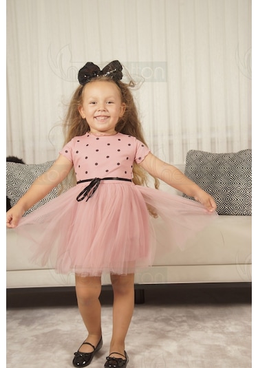 Puantiyeli Kız Çocuk Kısa Kollu Doğum Günü Ve Özel Günler İçin Tüllü Elbise Kısakol-gülkurusu Gülkurusu