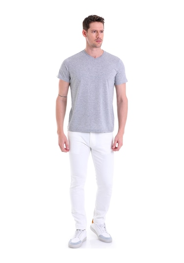 Hatemoğlu Gri Melanj Düz Slim Fit 100% Pamuk V Yaka Tişört Gri