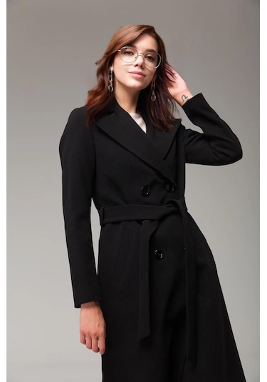 Tam Boy Beli Kuşaklı Kaşmir Kaşe Kaban Siyah