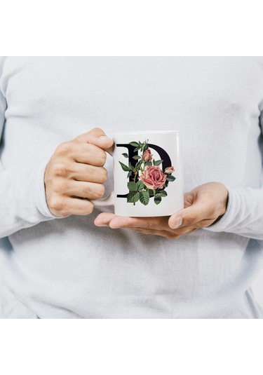 D Baş Harf Kırmızı Güller İle Sarılı Bardak 330 Ml Kişiye Özel Çiçekli Hediye Beyaz