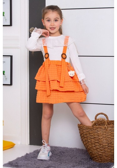 Yaka Detaylı Badi Salopet Çocuk Elbise Turuncu