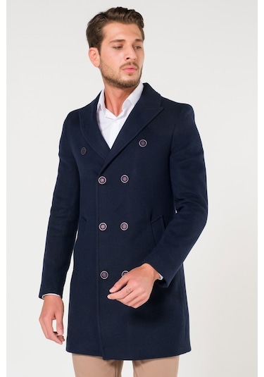 Erkek Kruvaze Lacivert Kışlık Slim Fit Kaşe Kaban-Lacivert