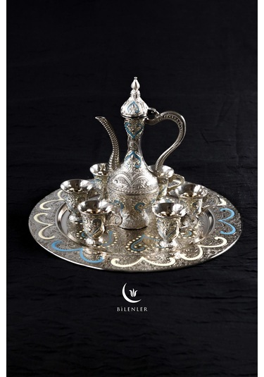 Hediyelik/ Sunumluk Osmanlı Motifli Nakışlı Gümüş Zemzem Takımı 8 Parça