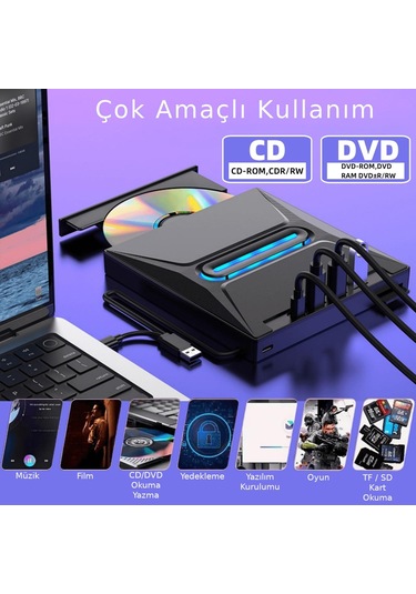 Valkyrie Usb 3.0 Harici External Cd Dvd Okuyucu Yazıcı Led Usb Hub Tf Sd Kart Okuyucu Çoğaltıcı