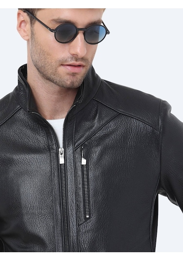 Kip Siyah Regular Fit Kapüşonlu Smart Casual Koyun Derisi Deri Mont