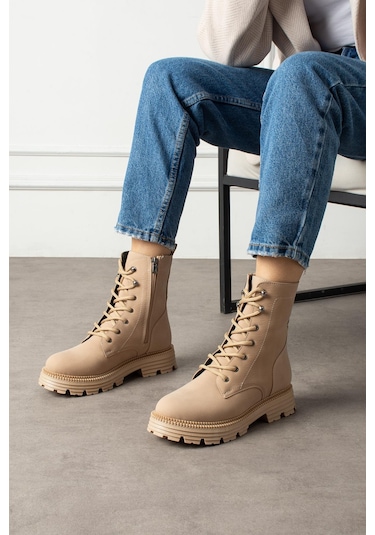 Shoetek Olsima Kadın Bot Bağcıklı Fermuarlı Mat Nut Deri Nut Cilt