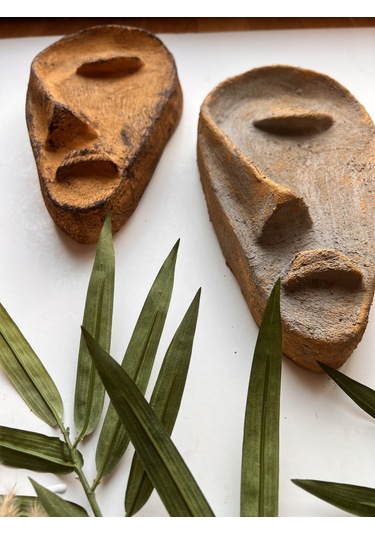 Özel Tasarım El Yapımı Taş Heykel Soyut Yarım Yüz Maske 2'li Set, Duvar Dekor, Modern Ev Ve Ofis Dek