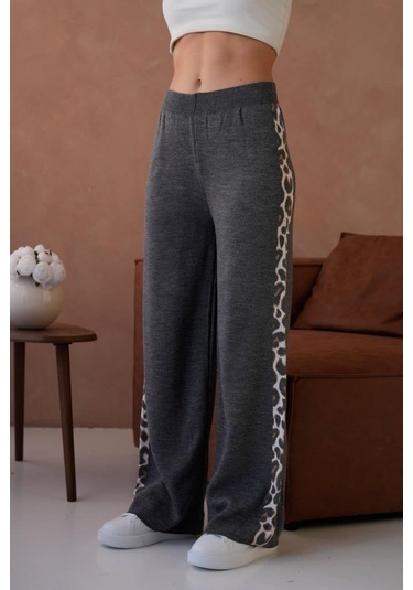 Relax Mode Kadın Leopar Şerit Detaylı Örme Pantolon - 12026r Antrasit