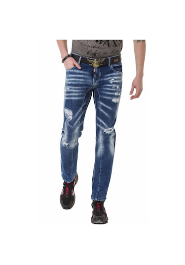 CD781 Yırtık Yamalı Mavi Erkek Jeans Mavi