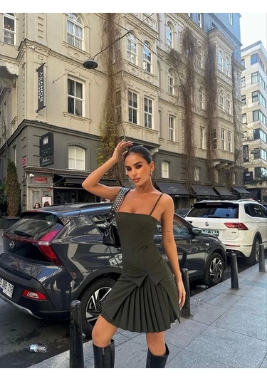 İki Parçalı Pileli Askılı Kadın Mini Elbise - Haki Haki