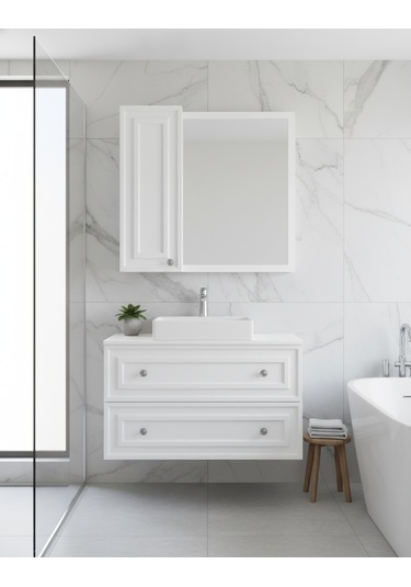 Perge 100 Cm Lavabo Dolabı Mat Beyaz Led Ayna Ve Ayna Yan Dolap Seti Taş