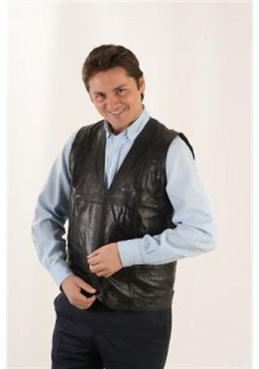 Hakiki Deri Siyah Kevin Fermuarlı Erkek Deri Yelek Kahverengi