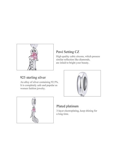 Wostu Parlak Cam Terlik 925 Ayar Gümüş Topuklu Pembe Kalp Zirkon Kolye Charm Fit Orijinal Bilezik Takı Gümüş