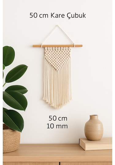 Makrome Çubuğu Ham Ahşap Kare 50 Cm. Uzunluk 10 Mm. Çap 3 Adet