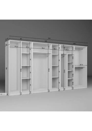 Kardelen Serisi 340 Cm Mat Beyaz 9 Kapılı 14 Raflı Elbise Dolabı - Gardırop Seti Beyaz