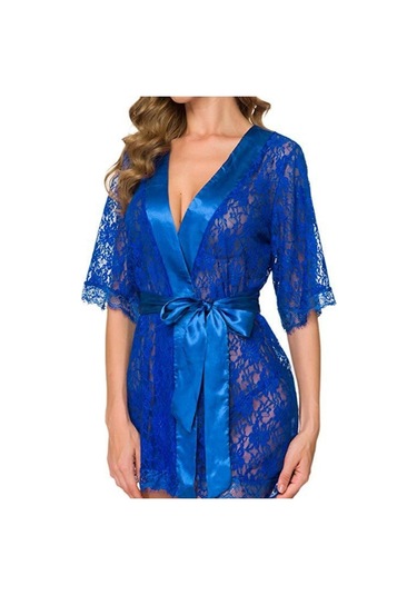 Sones Kadın Dantel Kesim Gecelik Takım Mavi