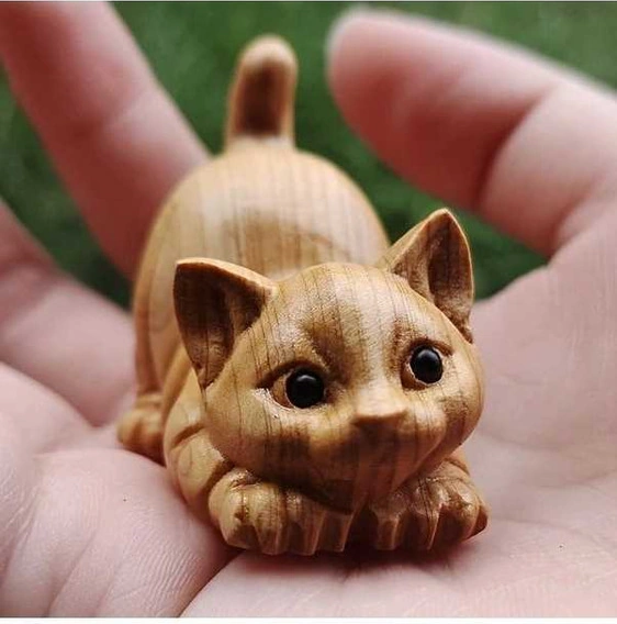 Trendooze Şirin El Yapımı Ahşap Kedi Heykeli - Ev & Ofis Dekoru, Güneşli022 Kedi