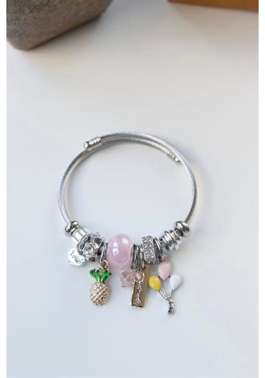 Çelik Charmlı Ananas Balon Bileklik - Pembe Çok Renkli