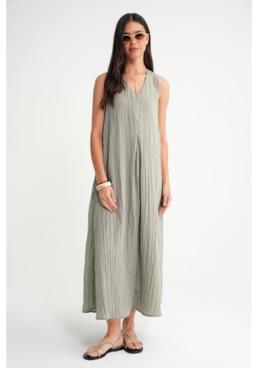 4700 Kadın V Yaka Önü Pileli Elbise Çağla Çağla Yeşili