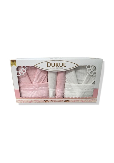 Durul Kadife Jakarlı Aile Bornoz Seti / Pembe - Krem Krem - Pembe