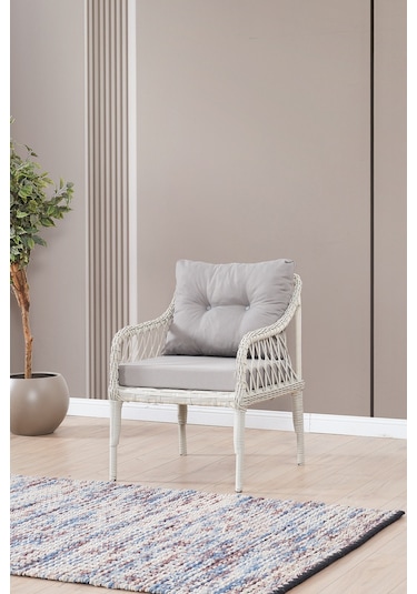 Joy Rattan Puflu Bahçe Balkon Takımı 3+1+1+ Camlı Masa Kemik Rengi Kemik