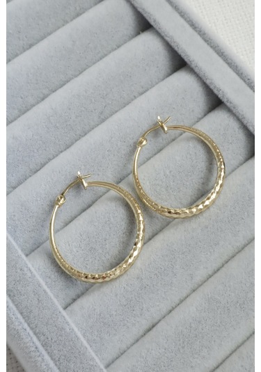 Kadın Küpe Kararmaz 14k Renk Vip Seri Hafif Dokulu 3cm Halka Küpe Altın