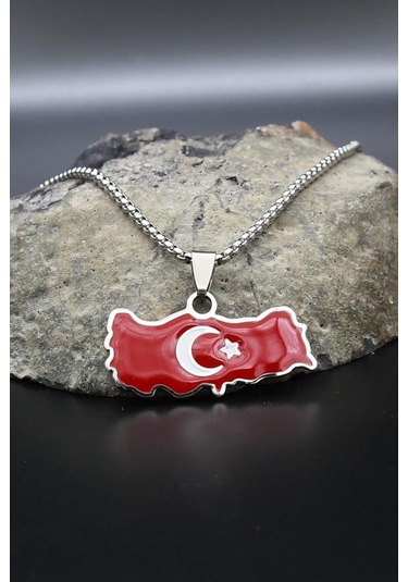 Türk Bayrağı - Ay Yıldızlı Mineli Kolye Paslanmaz Çelik Zincir 902296 Gümüş