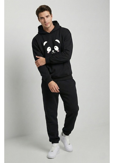 Nevermind Unisex Sevgili Çift Kombini Oversize Panda Baskılı Çift Hoodie Siyah-Beyaz