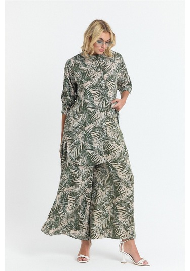 Schık Kadın Viskon Rahat Bol Paça Truvakar Kol Önü Düğme Baskılı Takım Haki