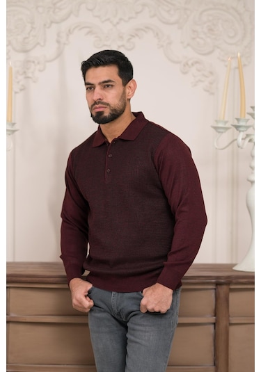 Woolen World Polo Yaka Armürlü Yünlü Erkek Triko Kazak Bordo