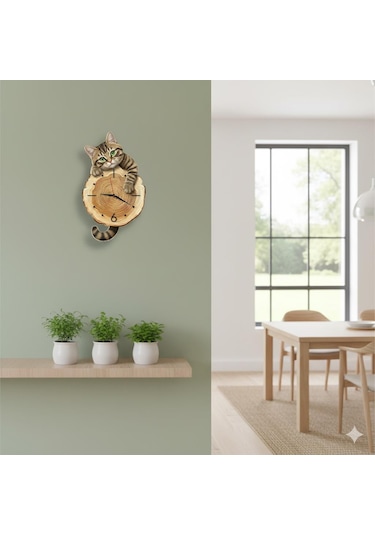 Cajuart Kütük Üzerinden Bakan Tekir Kedi Tasarımlı Duvar Saati Modern Dekoratif Saat Kahverengi