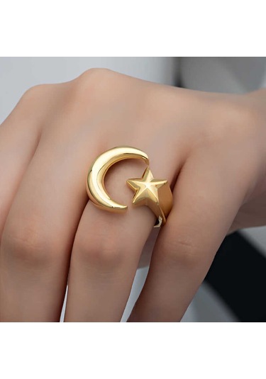Hedivio 925 Ayar Gümüş Gold Ay Yıldız Kadın Yüzük