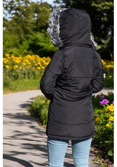 Kışlık Orta Boy Kürklü Kapüşonlu Su Geçirmez Tasarım Kadın Şişme Mont Siyah