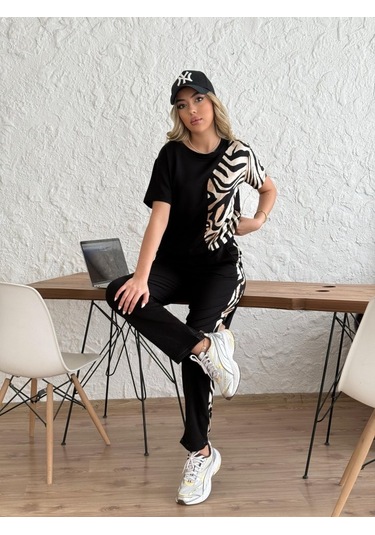 Ahes Shopping Kadın Bisiklet Yaka Kısa Kol Leopar Desen Bluz Ve Pantolon Ikili Takım Siyah
