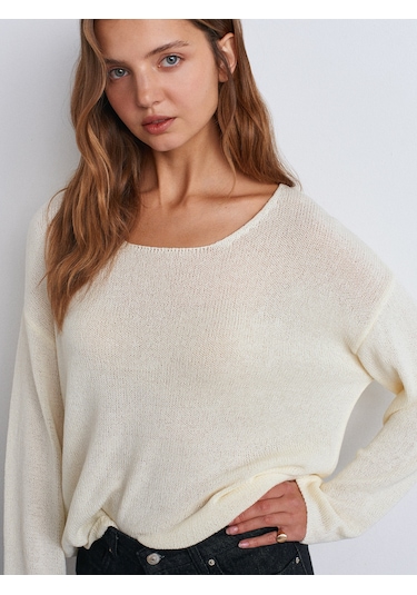Dilvin 10706 Oval Yaka Yumuşak Dokulu Triko Kazak Ekru
