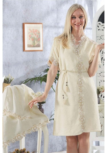 Bonny Home Riva Krem Bayan Fransız Dantelli Balayı Çeyizlik Fante Krem