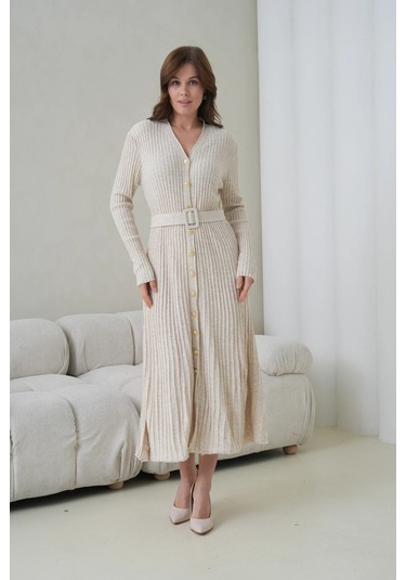 Kadın V Yaka Ful Düğme Kapama Kemer Detay Maksi Boy Fitilli Triko Elbise Taş