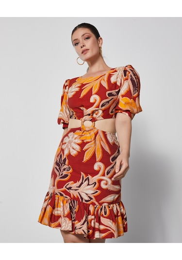 Desenli Kadın Mini Elbise - Pencere Detaylı - Modern Ve Şık - Günlük Ve Özel Günler İçin Elbise Kiremit