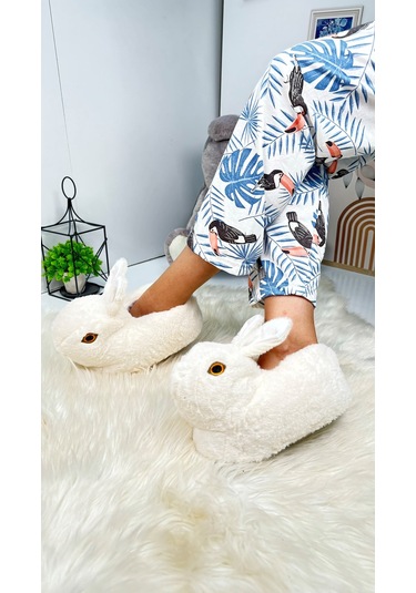 Kadın Panduf Tavşan Figürlü Peluş Ev Botu Desenli Düz Taban Rahat Hafif 359 Ekru