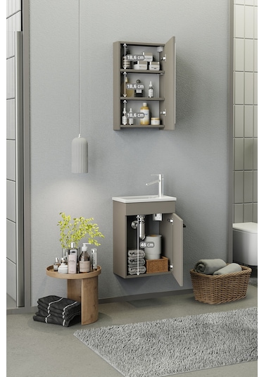 Biani Fix Loft Mini 42 Cm Banyo Dolabı,Seramik Lavabolu, Aynalı,Lavabo Dahil,Mdf,Latte