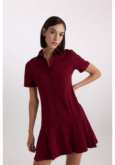 Defacto Polo Yaka Basic Düz Kısa Kollu Pileli Mini Elbise D4203AX24AUBR118