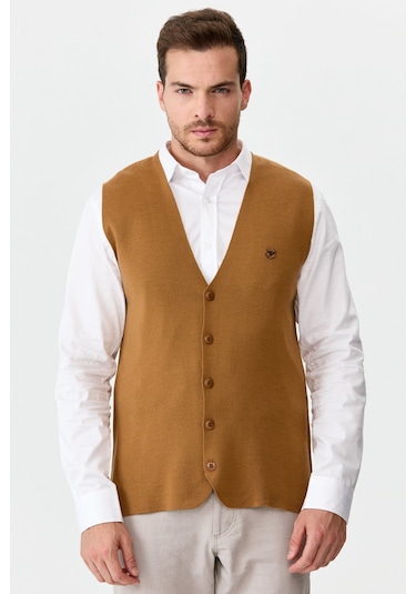 Erkek İnce Triko Düz Yelek Camel Camel