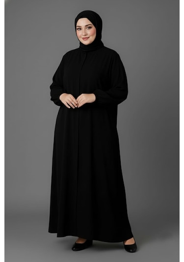 Medine İpeği Mevlana Kesim Cepli Kuşaklı Bol Büyük Beden Ferace Siyah