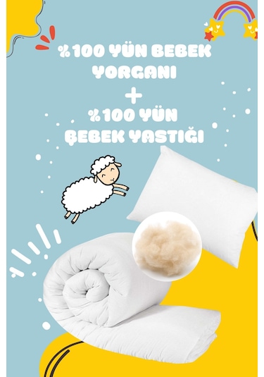 Elyaf Sepeti Yün Dolgulu 100x150 Cm Yün Bebek Yorganı + 25x35 Cm Yün Bebek Yastığı