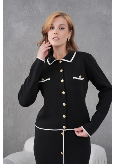 Kadın Polo Yaka Düğme Detay Ceket Uzun Etek İkili Triko Takım Siyah