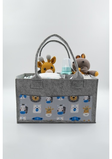 Jasper Hayvan Figürlü Açık Mavi Gri Keçe Anne Bebek Bakım Çantası Gri