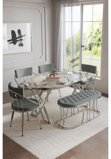 Selenit Mutfak Yemek Masası Takımı- 6 Kişilik Mutfak Masa Sandalye Takımı- Mutfak Masası Takımı Beyaz Mermer Model