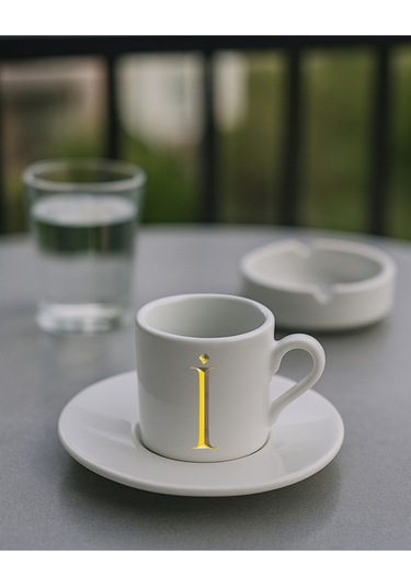 Türk Kahvesi Fincanı Baş Harf Baskılı Beyaz - Altın